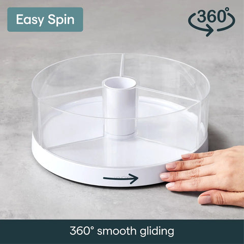 Smooth As Butter Three Bin Rotating Lazy Susan Turntable clear plastic container with easy spin feature for pantry organization.