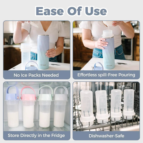 Top Shelf Portable Breastmilk Cooler Bottle With Heavy Duty Insulation Keeps Fresh Nursing Milk Ice Cold For Thirty Six Hours Leakproof Travel Chiller For Busy Parents On The Go usage demonstration showing ease of use, pouring, and storage.