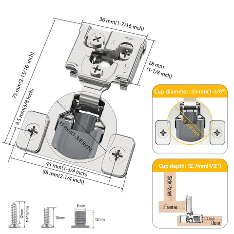Heavy Duty 20 Pack Soft Close Cabinet Hinges dimensions and specifications; cold rolled steel hardware for kitchen and bath remodels.