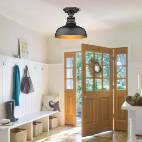 Semi Flush Mount Ceiling Light in Black with Copper Accents above an entryway, industrial farmhouse style, 11.5 inch diameter.