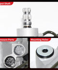 Close-up view of input shaft, pressure ports, and mounting holes on hydraulic power steering rack and pinion assembly for Nissan Sentra 2000 to 2006 L4 1.6L 1.8L 2.0L direct replacement new unit leak resistant left hand drive only direct fit easy install.