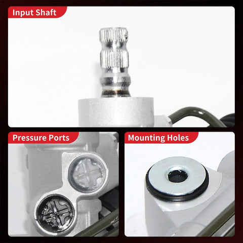 Close-up view of input shaft, pressure ports, and mounting holes on hydraulic power steering rack and pinion assembly for Nissan Sentra 2000 to 2006 L4 1.6L 1.8L 2.0L direct replacement new unit leak resistant left hand drive only direct fit easy install.