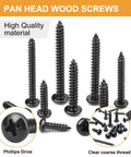 Over Four Hundred Piece Stainless Steel Black Wood Screws Set With Phillips Pan Head Self Tapping Coarse Thread