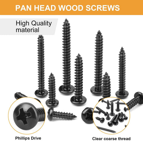 Over Four Hundred Piece Stainless Steel Black Wood Screws Set With Phillips Pan Head Self Tapping Coarse Thread