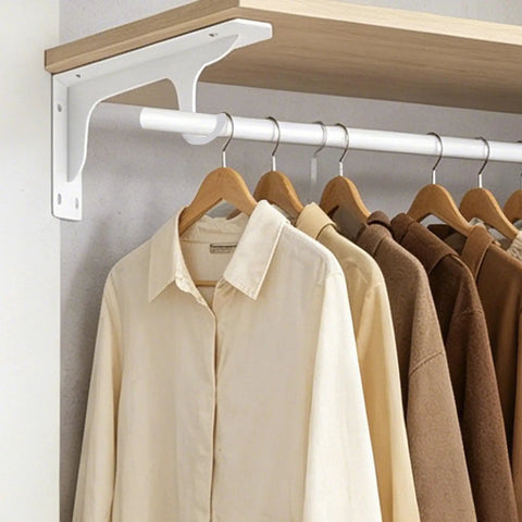 Sturdy Closet Rod Brackets For Wall Mount Fits One Point Three To One Point Five Inch Rods Black Metal Shelf Supports For Wardrobe Rack Boss Level Multi Purpose Home Storage Organizer showing white brackets with hanging clothes