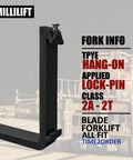 Built Like A Tank Job Site Ready Straight Up Heavy Duty Workhorse Sixty Inch Forged Pallet Fork Blades 4400 Lb Capacity ITA Class II Hook Style Replacement Forks For Forklifts Skid Steers And Tractor Loaders Pair, showing a close-up of the lock-pin applied hang-on forklifts mount.