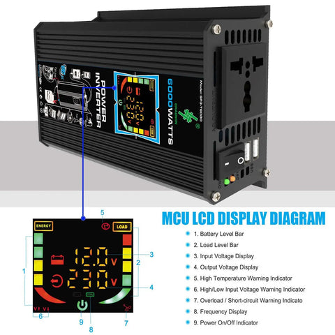 Weekend Warrior Solar Power Kit 6000W Inverter with LCD display and dual ports, matte black for RV and boat use.