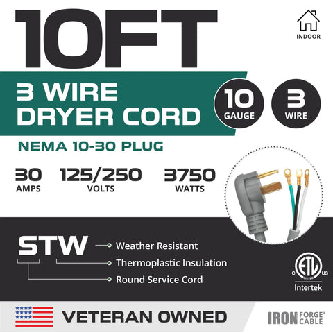 Heavy Duty Dryer Extension Cord 10 Ft 30 Amp 3 Wire NEMA 10 30 Plug 125 250V SRDT Gray Pro Grade Flat Head Dryer Cable package