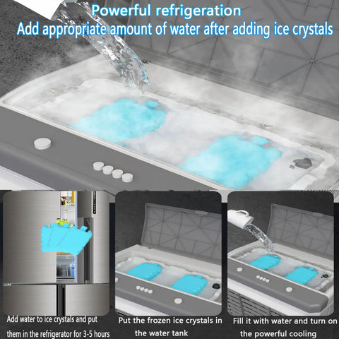 Portable Swamp Air Cooler With 3 Speed Settings And Ice Pack For Instant Chill Out Vibe 12H Timer showing water being added to ice packs.