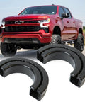 Red Chevy Silverado with black Chevy Silverado And GMC Sierra Tow Hook Covers 2 Pack Front Tow Hook Protector