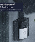 Universal Solar Charger for Ring Battery Doorbell Series and Wyze Wireless Video Doorbell Pro in rain, illustrating weatherproof feature.