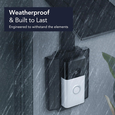 Universal Solar Charger for Ring Battery Doorbell Series and Wyze Wireless Video Doorbell Pro in rain, illustrating weatherproof feature.