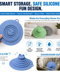 Six Inch Sleek Silicone Tub Stopper, Heavy Duty Bathtub Drain Plug With Rock Solid Suction Grip, Reusable No Fuss Anti Clog Kitchen Sink And Shower Cover, Blue in use on a countertop with towels.