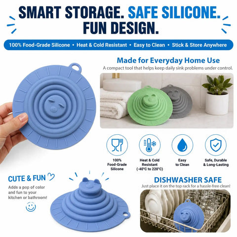 Six Inch Sleek Silicone Tub Stopper, Heavy Duty Bathtub Drain Plug With Rock Solid Suction Grip, Reusable No Fuss Anti Clog Kitchen Sink And Shower Cover, Blue in use on a countertop with towels.