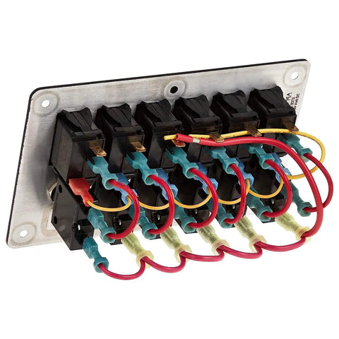 Rear view of water resistant 6 position circuit breaker panel for boats, showing wiring connections; black with IP66 protection.