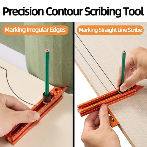 Precision Contour Scribing Tool for marking irregular edges and straight lines in woodworking, lightweight aluminum design.