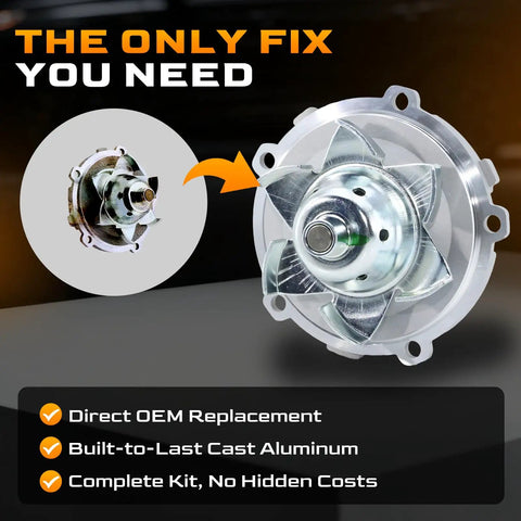 Top Grade Replacement Water Pump For 05 To 09 Chevy Equinox And Pontiac Torrent 3.4L V6 showing durable cast aluminum design.