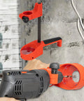 Heavy Duty Drill Press Stand With Fixed Handle And Telescopic Spring For Benchtop Workstation, red steel mounting clamp attached to drill.