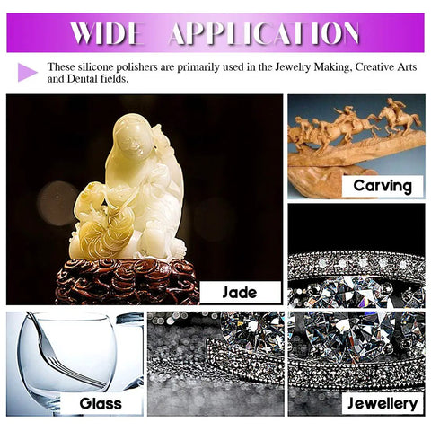 Image of jade sculpture, wooden carving, glass cup, and diamond jewelry with text overlay highlighting wide application in various fields.