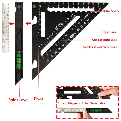Kickass 7 Inch Rafter Square With Built In Bubble Level Solid Aluminum Carpenter Triangle Layout Gauge For Woodworking Framing And Fast Job Site Marking Rig