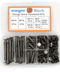 Rock Solid Heavy Duty M5 Chicago Screws Kickass 60 Pair Black Phillips Binding Post Set For Scrapbook Photo Albums and Leather Purse Belt Repair With Six Assorted Lengths in a clear storage box.