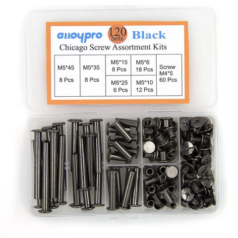 Rock Solid Heavy Duty M5 Chicago Screws Kickass 60 Pair Black Phillips Binding Post Set For Scrapbook Photo Albums and Leather Purse Belt Repair With Six Assorted Lengths in a clear storage box.