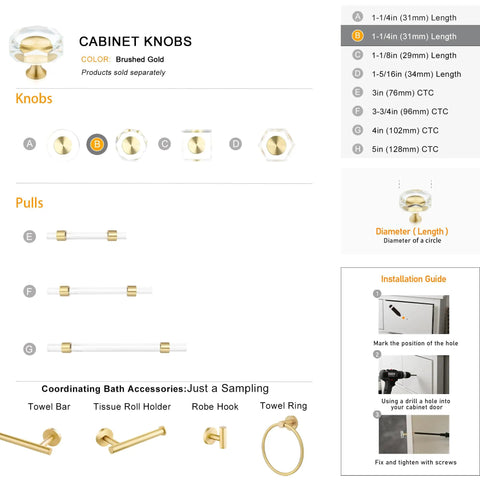 10 Pack Dope Brass Crystal Cabinet Knobs Set With Glass Crystal Gold Finish 1-1/4 Inch Polygon Decorative Dresser Pulls installation guide