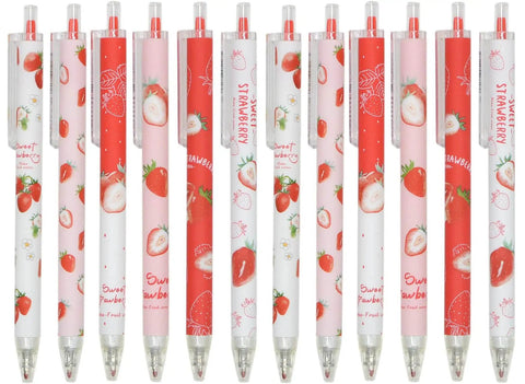 12 Pack Cute Strawberry Gel Pens Set Retractable 0.5mm Black Ink, Pocket Size 5.7 Inch, Totally Cute Strawberry Design Fun Writing Tools