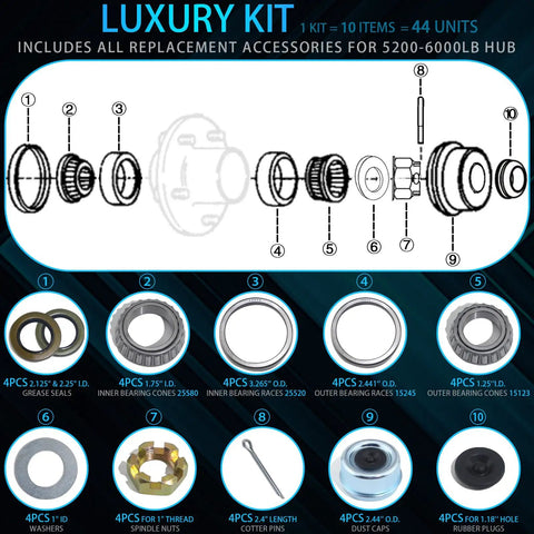 Image of 4 Pack Boat Trailer Axle Bearing Kit For 5200-6000 Lb Tandem Axles, showing components like bearings and grease seals.