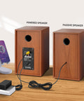 Rear view of Powered Bluetooth 5.3 Bookshelf Speakers With 60W Peak Output, wooden design, RCA inputs, and USB-C for turntables and TV.