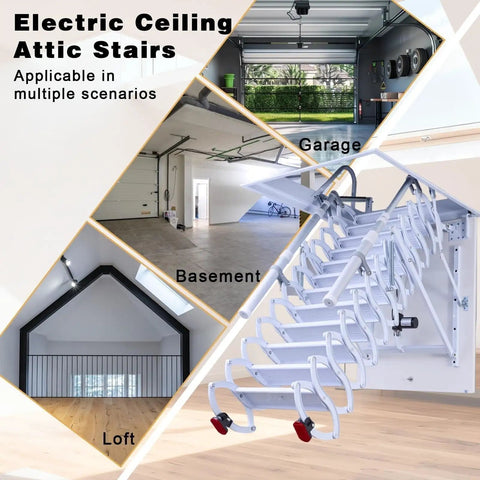 Electric Telescoping Loft Ladder With Smooth As Butter Remote Control Pull Down Attic Stairs in garage, basement, and loft settings.