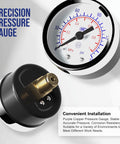 Close-up of precision pressure gauge from the Inline Air Pressure Regulator With Water Separator And Gauge For Your Compressor Setup One Quarter Inch NPT Brass Kit Includes AFC2000 US Components Inline Pneumatic Filter To Remove Moisture And Tiny Particles For Clean Air, showing the metallic connector and pressure scale.