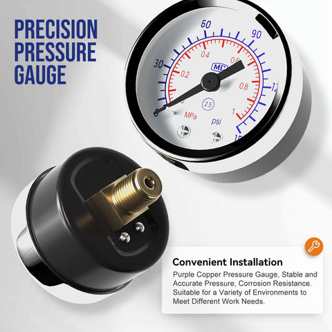 Close-up of precision pressure gauge from the Inline Air Pressure Regulator With Water Separator And Gauge For Your Compressor Setup One Quarter Inch NPT Brass Kit Includes AFC2000 US Components Inline Pneumatic Filter To Remove Moisture And Tiny Particles For Clean Air, showing the metallic connector and pressure scale.