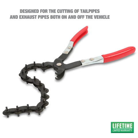 Exhaust Pipe Cutter Chain Tool For Three Quarter Inch To Three And A Quarter Inch Pipes, cushioned grip handles, red handles