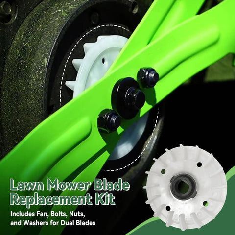 Beefed Up Replacement Hardware Kit For 21 Inch Dual Blade Lawn Mower Includes Fan Center Bolt Washers Lock Nuts And Blade Bolts Complete Set Fits LM2130SP LM2150SP LM2160SP And Similar E Go Power Plus Mowers with green blade