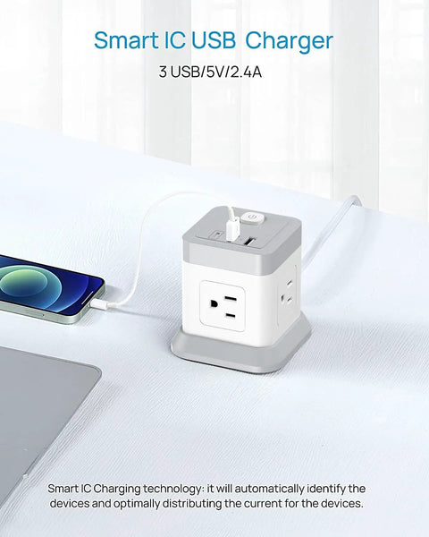7 In 1 Power Strip Cube With 4 Outlets And 3 USB Ports on a table, showing charging features with devices connected, 5 foot cord.