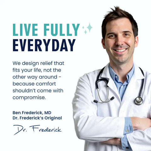 Doctor in white coat with stethoscope promoting comfort and relief with tagline 'Live Fully Everyday'