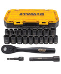 Impact Socket Set With Ratchet Pro Grade For Tough Jobs One Half Inch Drive Includes Metric And SAE Sizes Twenty Three Piece Kit Case