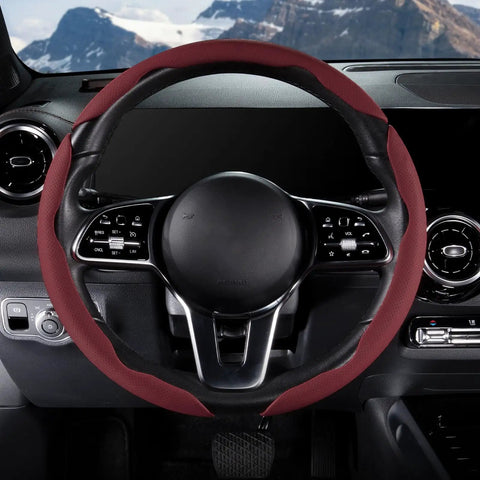 Slick And Hella Comfortable Premium Perforated Leather Steering Wheel Cover on black steering wheel with wine red grip.
