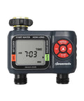 Front view of Two Zone Hose Timer With Rain Delay And Manual Watering Programmable Sprinkler Timer with LCD for garden use