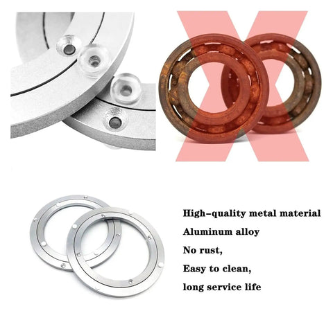 Heavy Duty Turntable Bearing With Silent Slewing Ring For Lazy Susan And Rotating Table Plate, aluminum alloy steel ball bearings viewed close-up and comparison against rusted model.