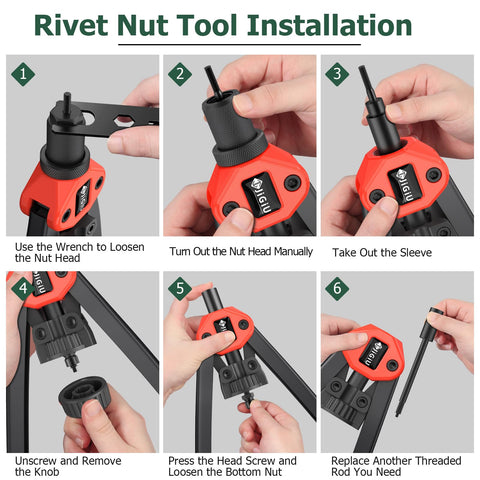 2 In 1 Rivet Nut Tool Kit Pro Hand Riveter With Dual Function Rivet Nut Gun installation steps diagram.