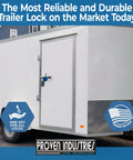 White trailer with Proven Industries lock, 3 Pack Puck Lock Set With Hidden Shackle Keyed Alike 6061 Aluminum Trailer Locks Heavy Duty Road Ready Security Shackle Opening One And Three Quarters Inch By One And Three Quarters Inch Depth One And A Quarter Inch Made In USA Black
