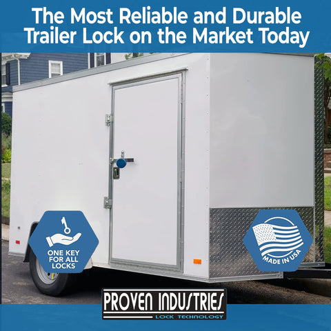 White trailer with Proven Industries lock, 3 Pack Puck Lock Set With Hidden Shackle Keyed Alike 6061 Aluminum Trailer Locks Heavy Duty Road Ready Security Shackle Opening One And Three Quarters Inch By One And Three Quarters Inch Depth One And A Quarter Inch Made In USA Black