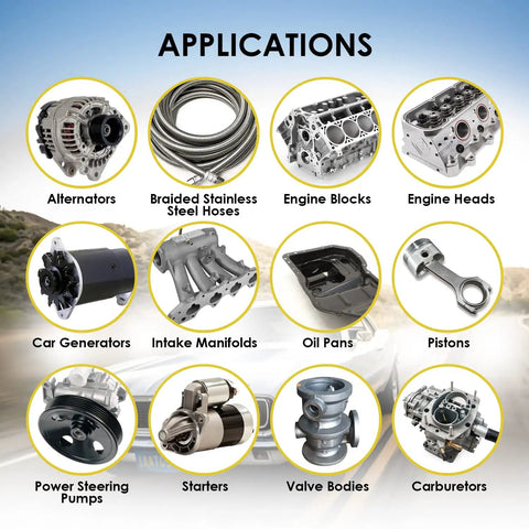 Applications of Heavy Duty Ultrasonic Carburetor Cleaning Solution One Gallon Sonic Bath Fluid on various engine parts.