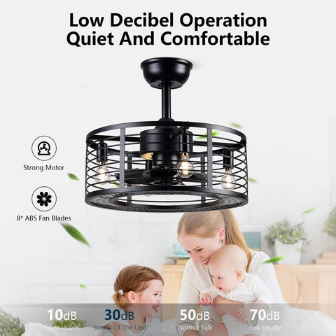Dope Modern Enclosed Ceiling Fan With Remote Control, Black Caged Industrial Light Kit displayed in a living room setting.