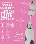 Detailed view of Charming Cow Print Water Bottle For Kids And Teens Bpa Free Reusable Insulated Sipper Cup with straw and lid features.