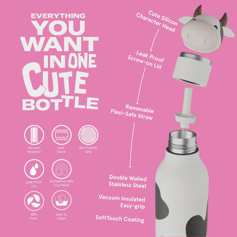 Detailed view of Charming Cow Print Water Bottle For Kids And Teens Bpa Free Reusable Insulated Sipper Cup with straw and lid features.