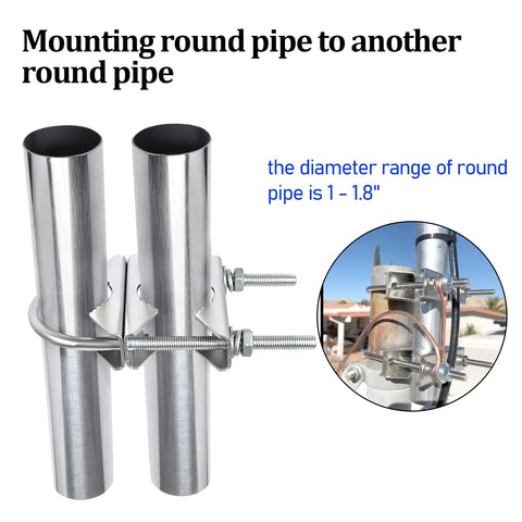 Double antenna mast clamp for mast-to-mast mounting on two stainless round pipes with U-bolts (1–1.8 in diameter).