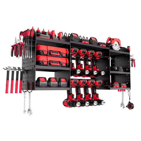 Power Tool Organizer With Charging Station And Eight Outlet Power Strip Three Tier Tool Rack With Eight Drill Slots And Side Hooks